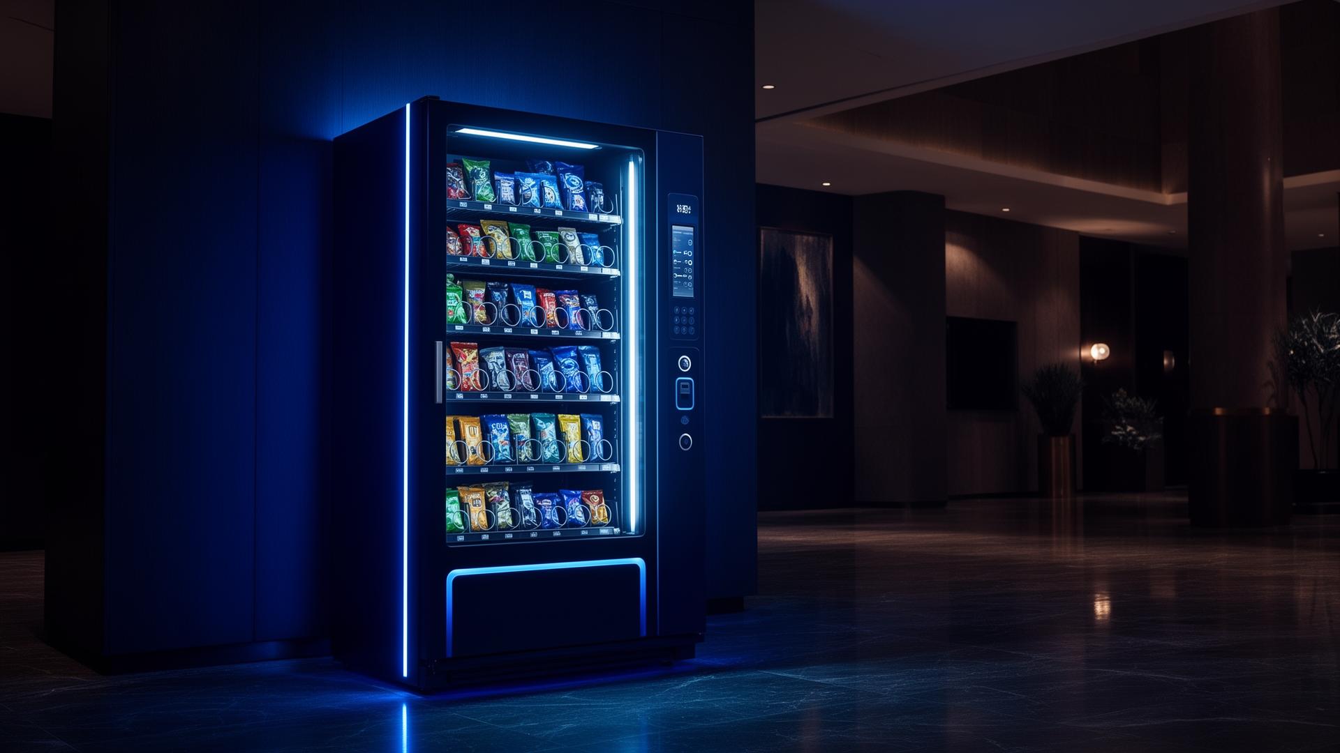 Smart AI cooler vending machine with blue indigo glow in a modern office lobby